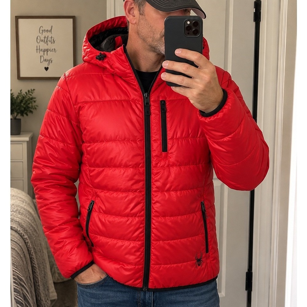 Spyder Puffer Jacket Mens XXL Red Hooded Insulated Full Zip NWT